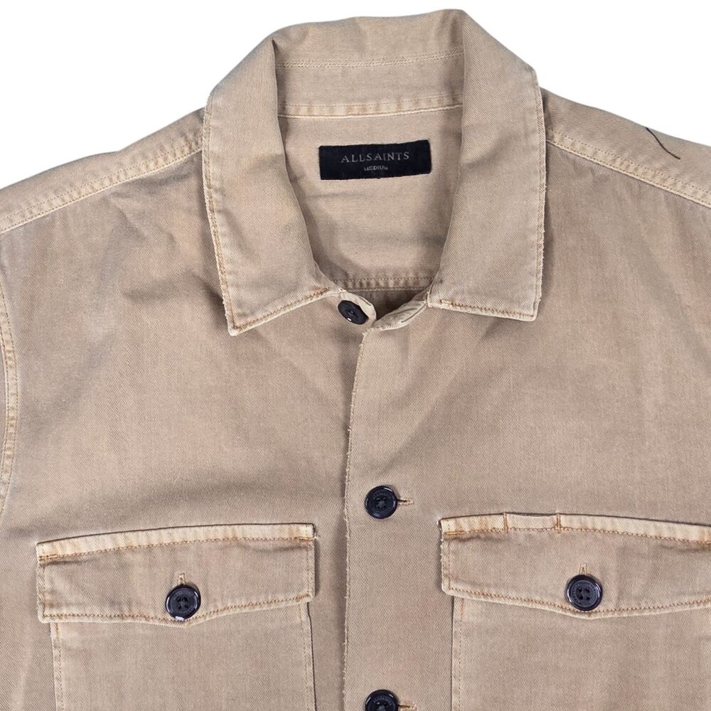 Allsaints Mens Beige Button-Up Shacket Medium Cotton-Linen Blend Long Sleeve